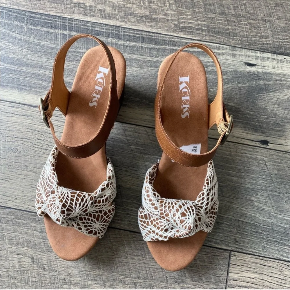 NWT Korks Natalia Cream Crochet Lace Sandals Heel Platform Brown Tan Leather 11